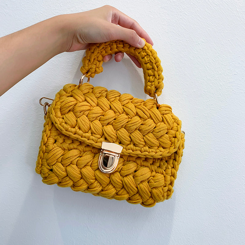 Handmade Chunky Crochet Top-Handle Bag Yellow Crochet Bag