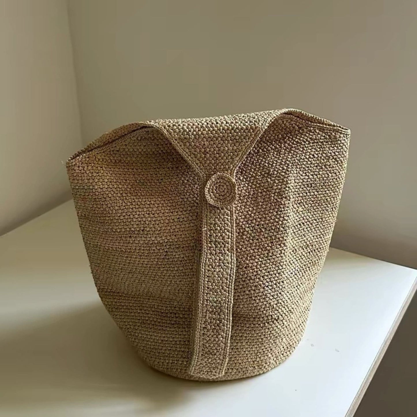 Natural handwoven raffia large-capacity bucket tote bag front view
