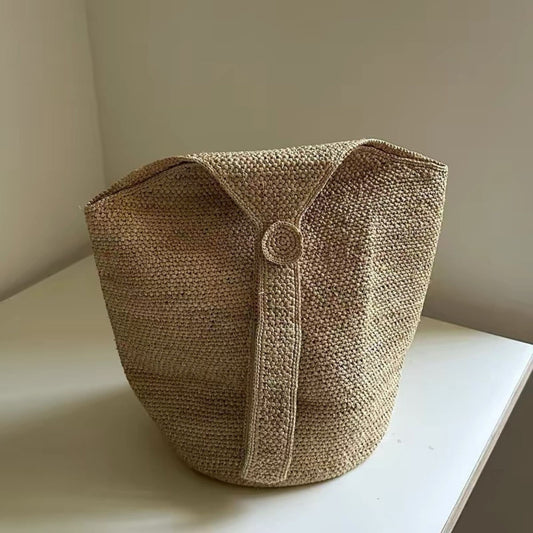 Natural handwoven raffia large-capacity bucket tote bag front view