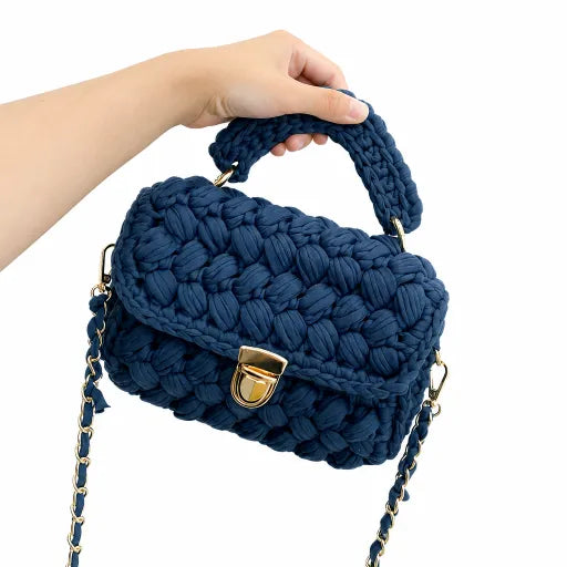 Handmade Chunky Crochet Top-Handle Bag Blue Crochet Bag