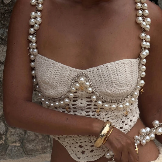 Handmade pearl crochet corset top with chain and pearl strap detail, boho beach festival two piece set