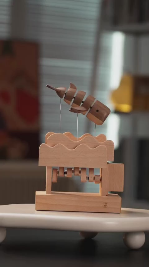 Hand-Carved Wooden Floating Whale Automaton
