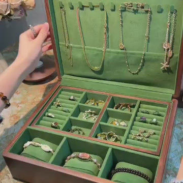 Sylvan solid walnut jewelry box demonstration showing the two-layer interior and removable tray