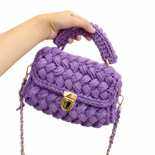 Handmade Chunky Crochet Top-Handle Bag Purple Crochet Bag