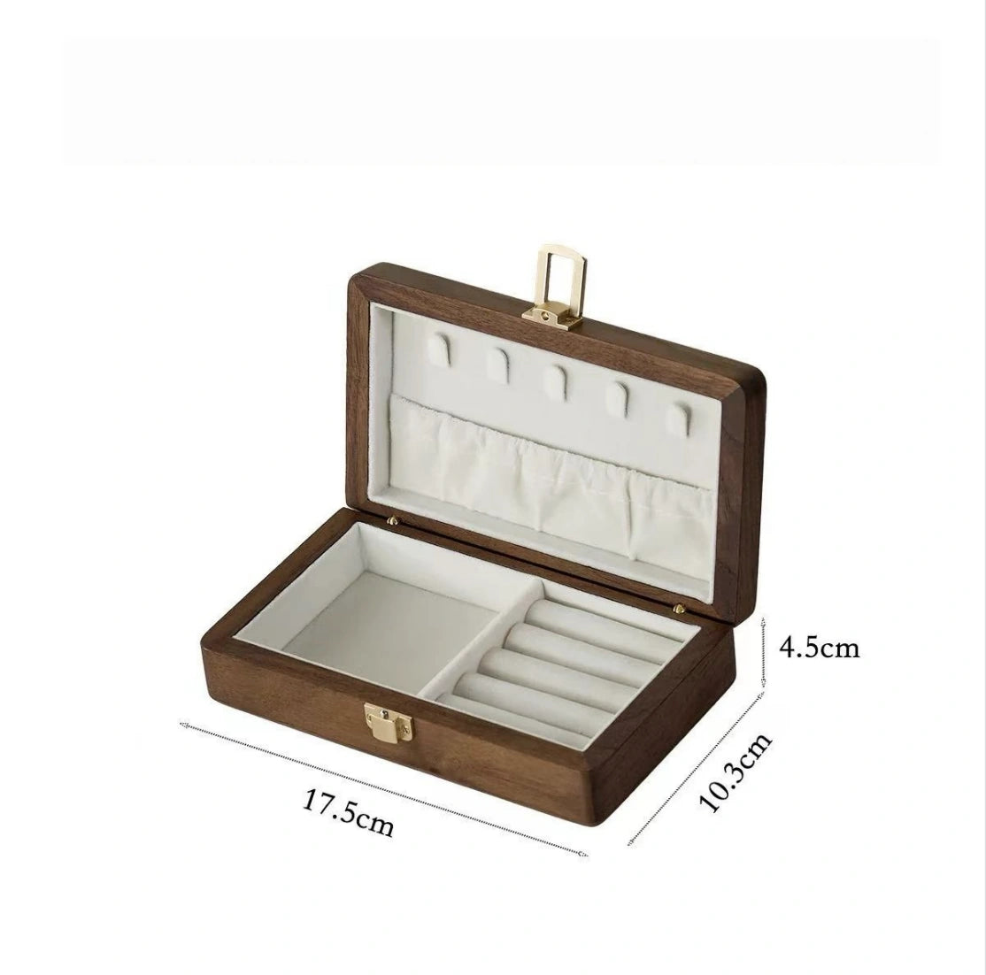 Single-layer jewelry box size diagram: 17.5 x 10.3 x 4.5 cm, approximately 0.574 x 0.338 x 0.148 ft.