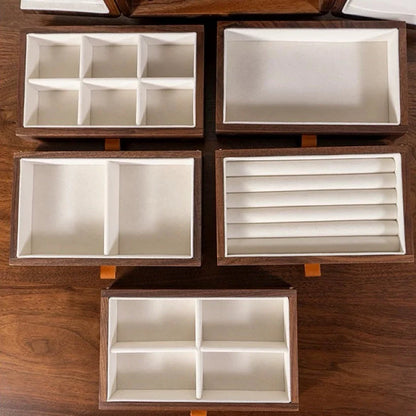 Five Solaris jewelry drawers showing ring rolls and divided and open storage layouts