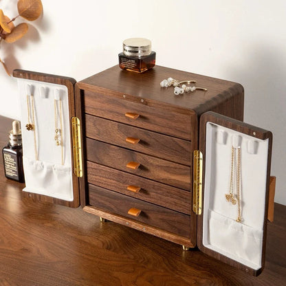 Solaris jewelry box with open double doors, five drawers and necklace storage inside each door