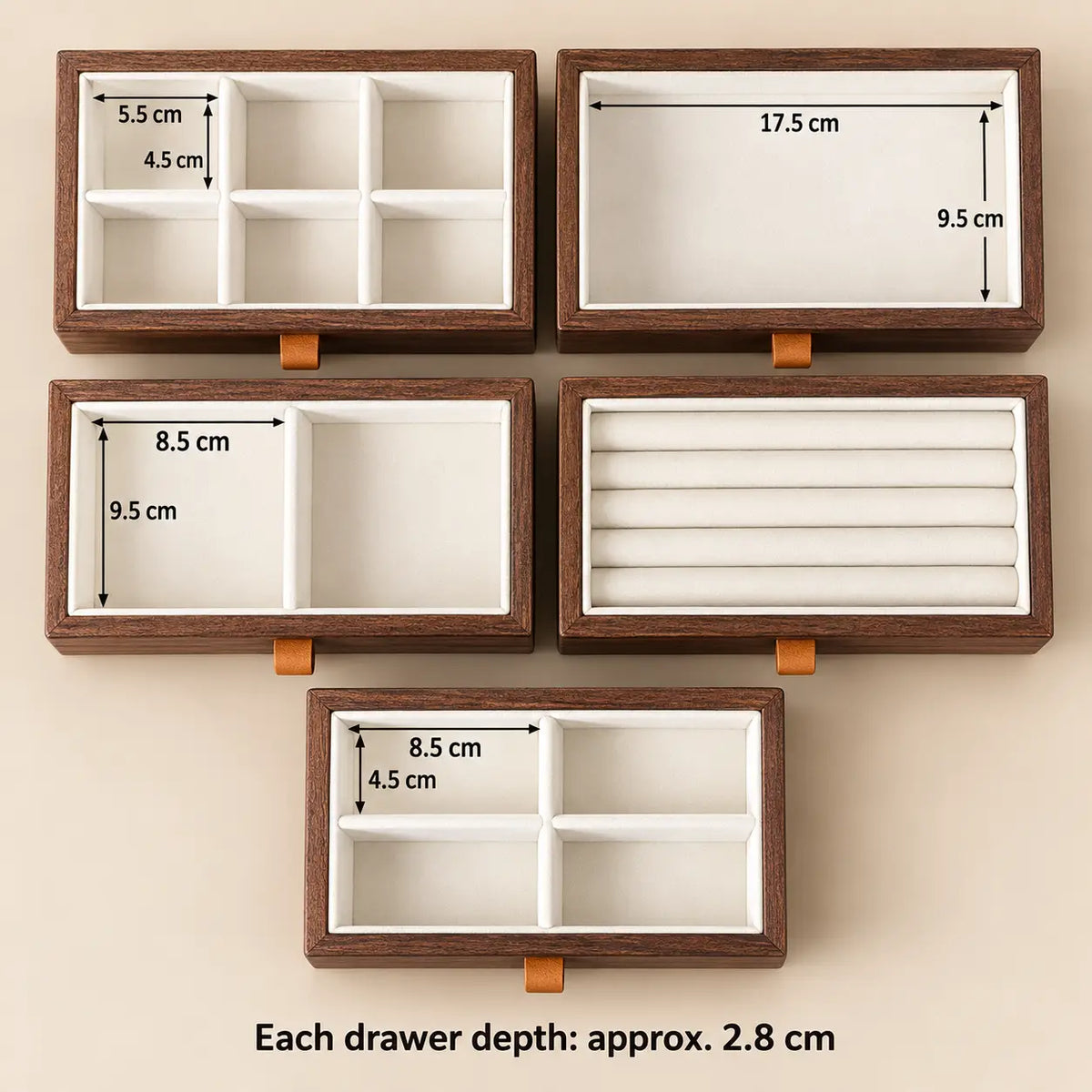 Solaris jewelry box drawer compartment dimensions: 17.5 × 9.5 cm, 8.5 × 9.5 cm, 5.5 × 4.5 cm and 8.5 × 4.5 cm; each drawer approximately 2.8 cm deep.