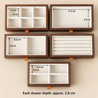 Solaris jewelry box drawer compartment dimensions: 17.5 × 9.5 cm, 8.5 × 9.5 cm, 5.5 × 4.5 cm and 8.5 × 4.5 cm; each drawer approximately 2.8 cm deep.