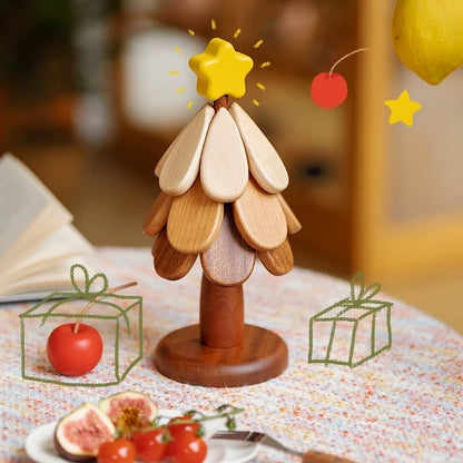 Solid wood Christmas tree trivet set assembled on its stand with a yellow star topper.