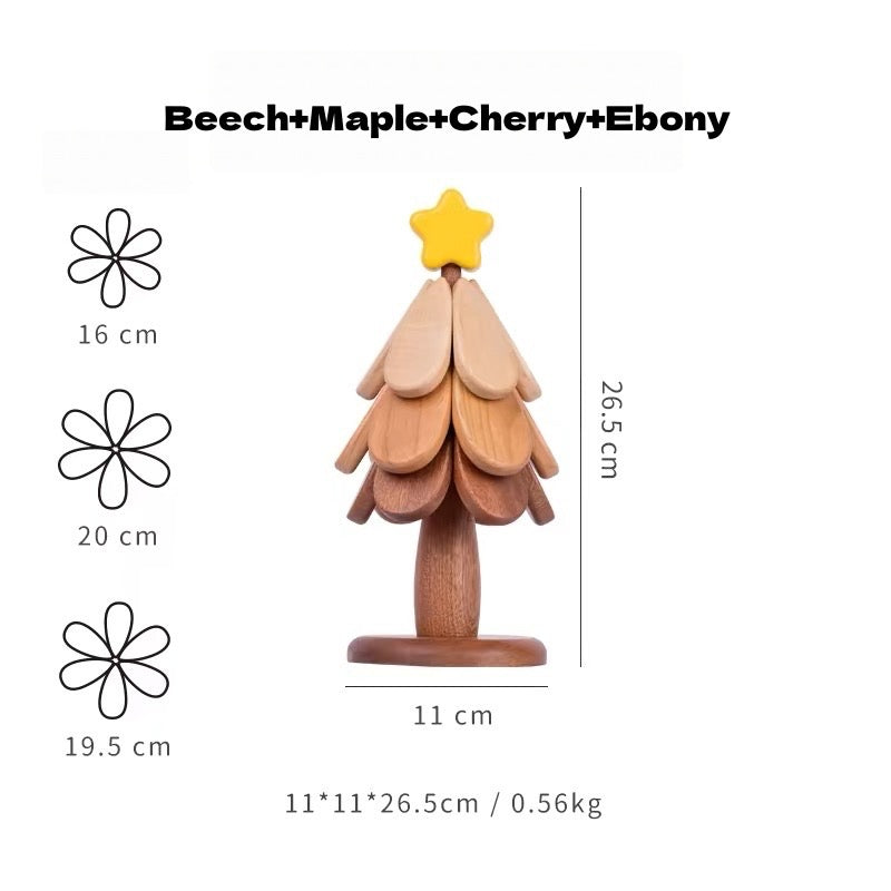 Star-topper wooden tree trivet set dimensions, unfolded sizes, materials, and weight.