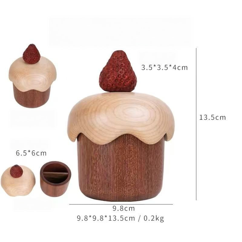 Wutan dark wood strawberry cake storage box dimensions showing 9.8 cm width and 13.5 cm height
