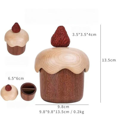 Wutan dark wood strawberry cake storage box dimensions showing 9.8 cm width and 13.5 cm height