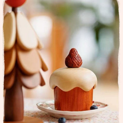 Rosewood and maple strawberry cake storage box styled in a warm home decor setting