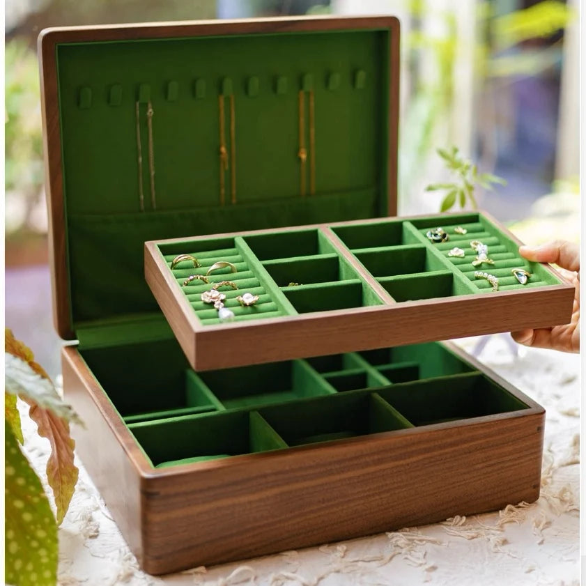 Sylvan black walnut jewelry box with green velvet lining and a lifted storage tray