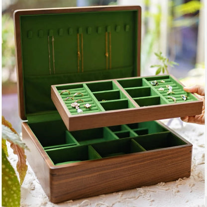 Sylvan black walnut jewelry box with green velvet lining and a lifted storage tray