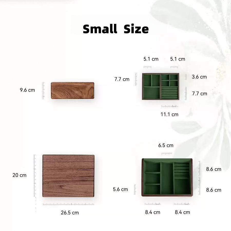 Small Sylvan jewelry box dimensions: 26.5 by 20 by 9.6 cm, with internal compartment measurements