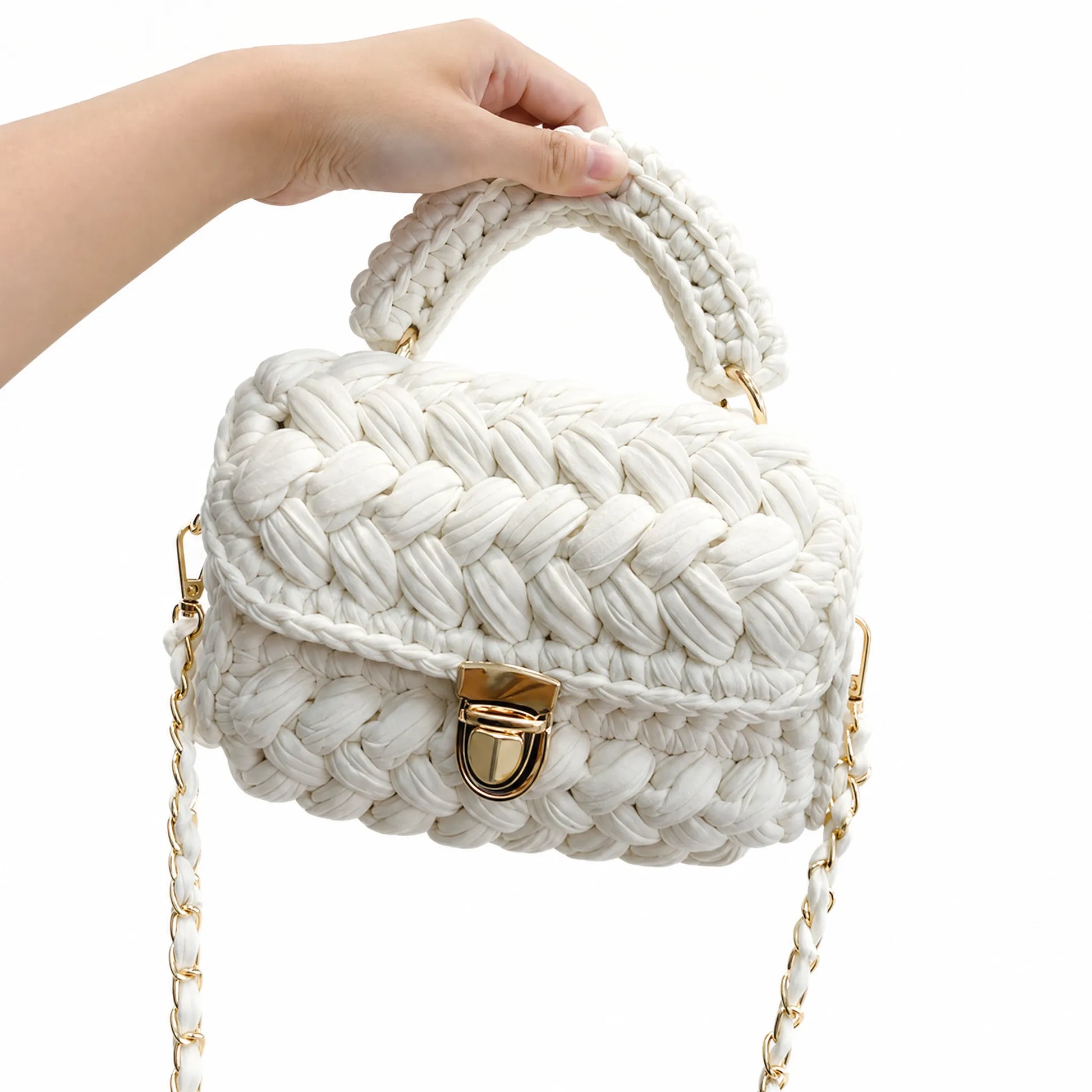 Handmade Chunky Crochet Top-Handle Bag White Crochet Bag