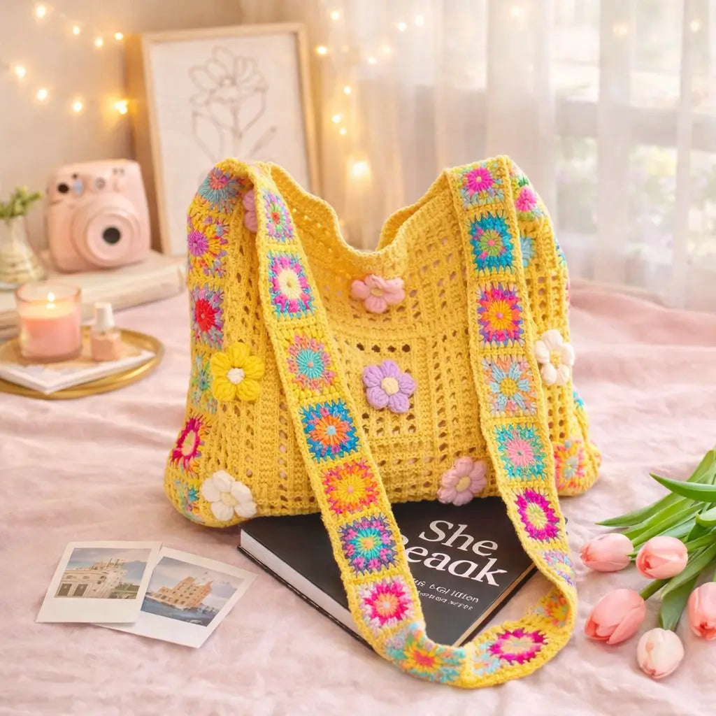 Boho Crochet Tote Bag yellow Crochet Flower Crochet Bag